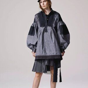 Sacai Oversized Tunic Popover Blouse Women's Sz M Pockets Drawstring Gray Black